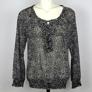 ESPRIT Women's Blouse Black White Polka Dots Semi Sheer Ruffles Long Sleeves XS